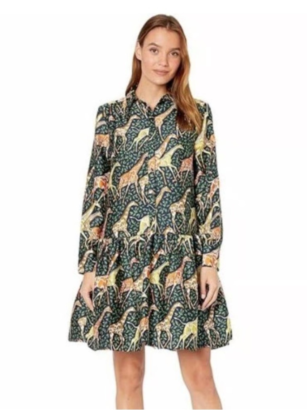 J. Crew Dark Green Giraffe Print Long Sleeve Dress